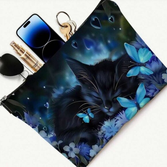 Sleeping Cat Makeup Bag with Butterflies Canvas Zipper NWT - Picture 2 of 8